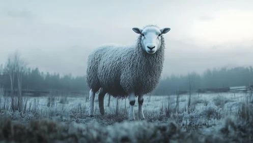Frosted woolly sheep stands in misty blue winter field.