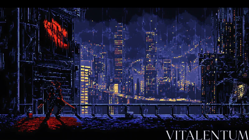 Cyberpunk rooftop swordsman over neon drenched city skyline.