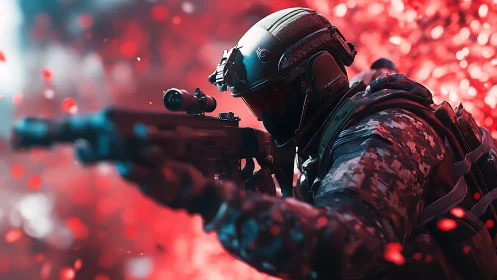 Heavily armed soldier aims rifle in red combat scene.