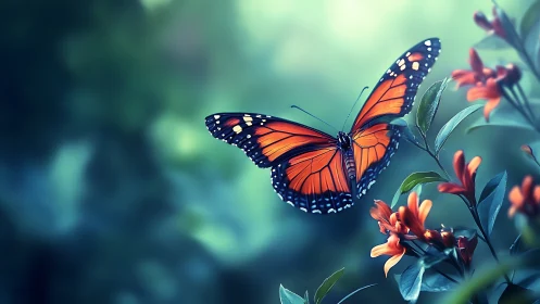 Orange butterfly in flight above flowers in soft focus garden.
