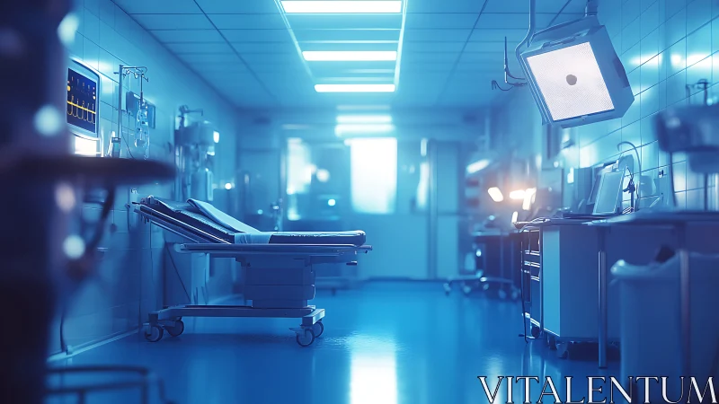 Hospital treatment room shows empty bed and medical devices