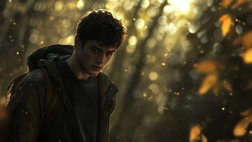 Brooding young man walks through golden autumn forest dusk.