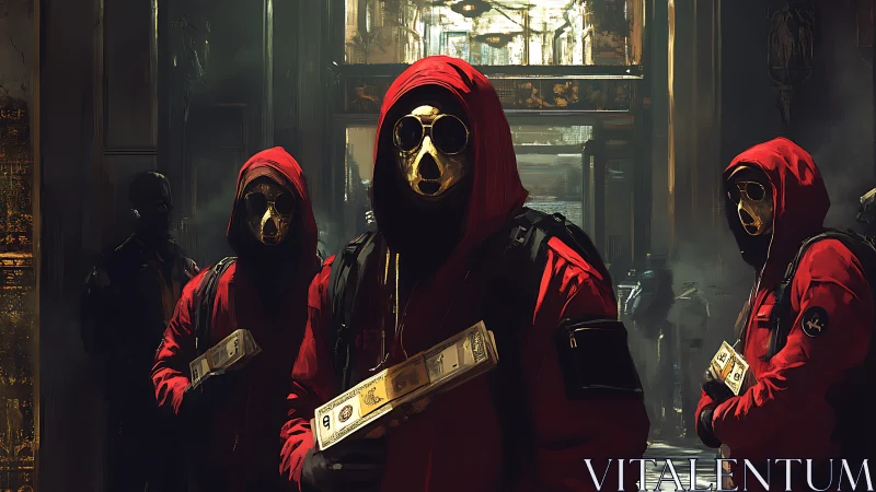 Masked heist crew in red hoodies inside dim bank hall.