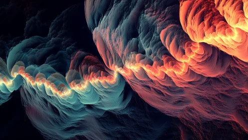 Fractal waves of teal and orange light in flowing motion.