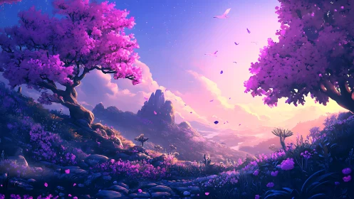 Lavender twilight valley unfolds beneath glowing pastel sky