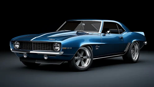 Midnight blue muscle legend poised under studio starlight.