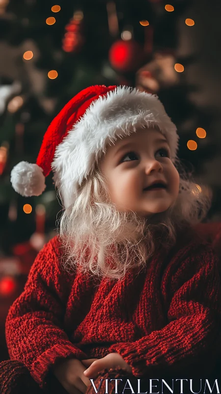 Child in red sweater and Santa hat by lit tree.