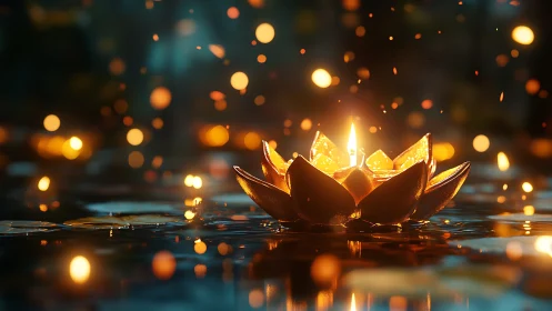 Photorealistic lotus candle on water with cinematic bokeh lighting.