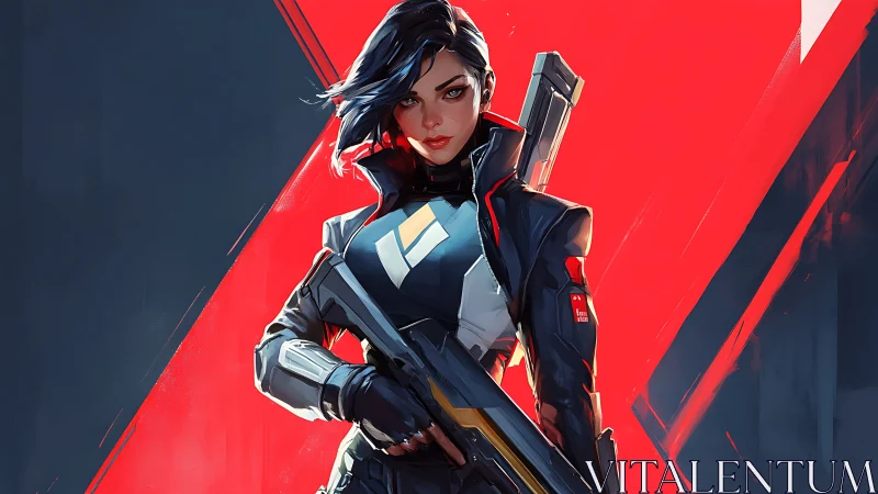 Neon vanguard soldier poised against blazing crimson void.