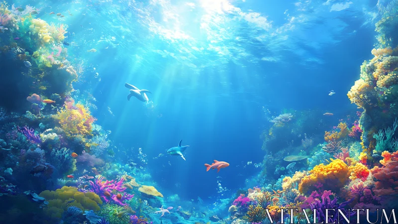 Sunlit coral reef teems with colorful marine wildlife