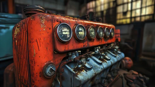 Aged industrial engine block with worn orange housing.