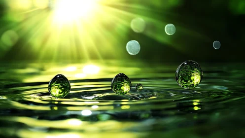 Glowing green droplets dancing in gentle golden sunlight.