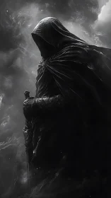 Hooded spectral swordsman in volumetric monochrome fog field.