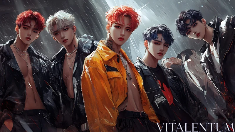 Idol boy group in cinematic rain, neon jackets and leather.