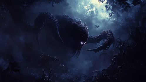 Giant glowing eyed shadow creature advances through forest