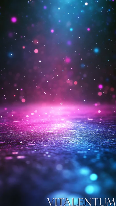 Neon bokeh particles drift above reflective glitter surface.