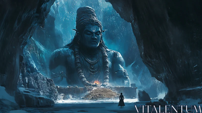 Colossal ice temple deity towers above lone robed pilgrim