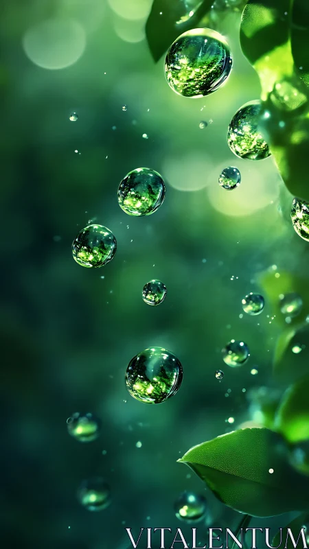 Suspended water droplets reflect green foliage in soft focus