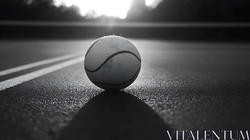 Lonely tennis ball resting on a quiet sunlit road at dusk.