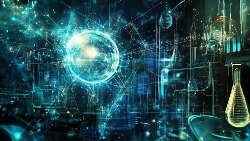 Luminous quantum core glows inside a futuristic science lab