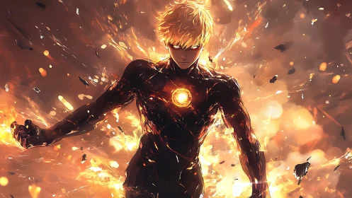 Humanoid figure in dark suit amid orange energy burst.