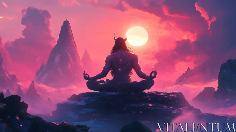 Cosmic horned sage meditating beneath a molten sunset.