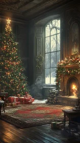 Opulent Christmas parlor with glowing tree and hearth.