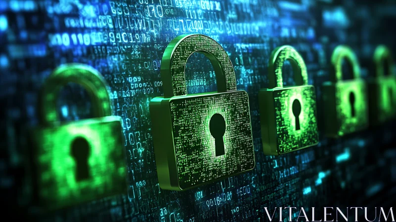 Green 3D padlocks overlay encrypted binary matrix in secure chain