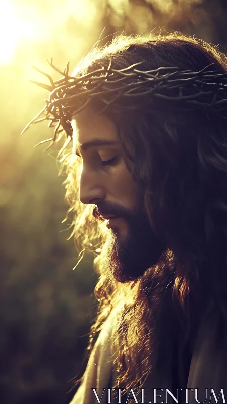 Side-lit reverent profile with crown of thorns, golden halo glow.