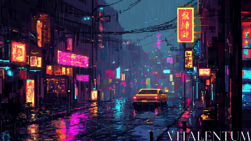 Neon rainstorm drapes a pixelated cybercity boulevard dream.