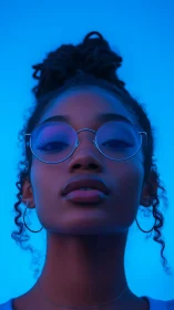 Neon-lit portrait with reflective glasses and cool blue glow.