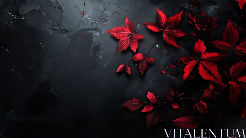 Crimson ivy leaves scattered over shadowed slate ground.