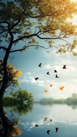 Sunlit lakeside canopy with migrating birds in golden flight.