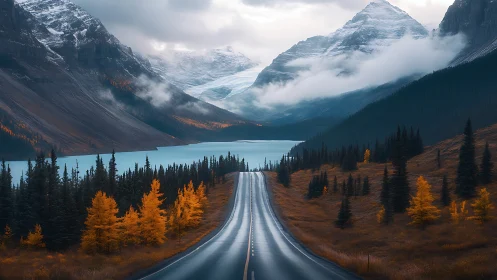 Cinematic mountain highway with glacial lake perspective.
