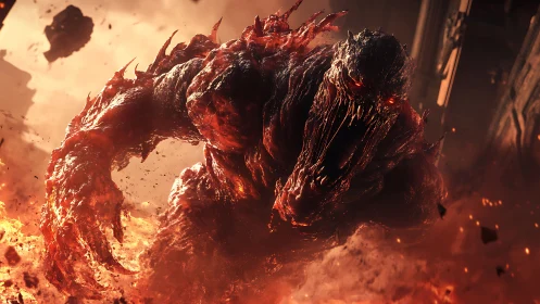 Molten titan erupts from the inferno, shredding the embers