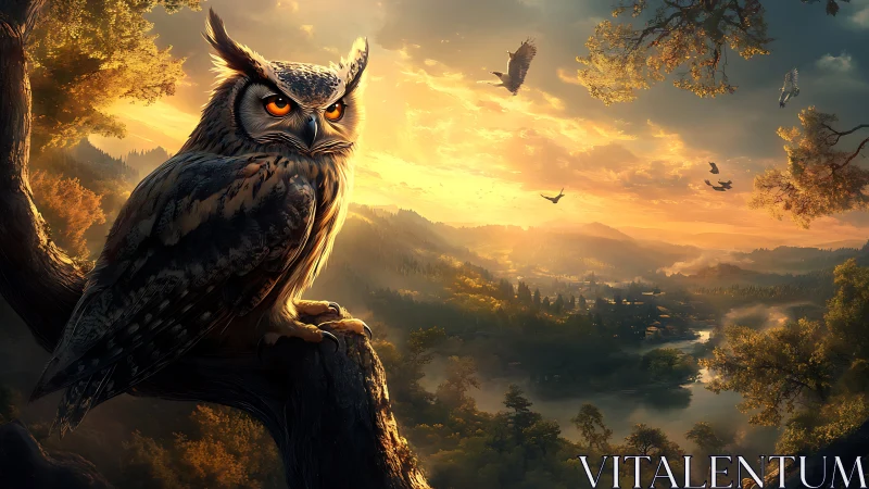 Majestic owl perched on tree at golden sunset, digital art landscape.