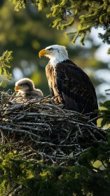 Sunlit bald eagle with chick resting high in forest nest.