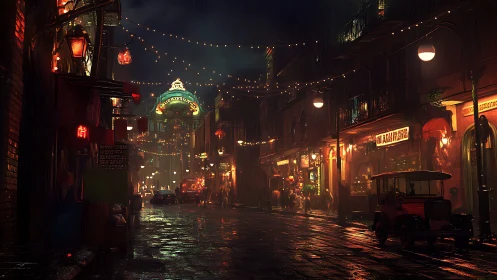 Cinematic rainy street scene with vintage nightlife lighting.