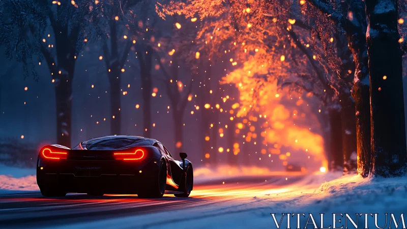 3D supercar on ember-lit winter forest road at dusk.