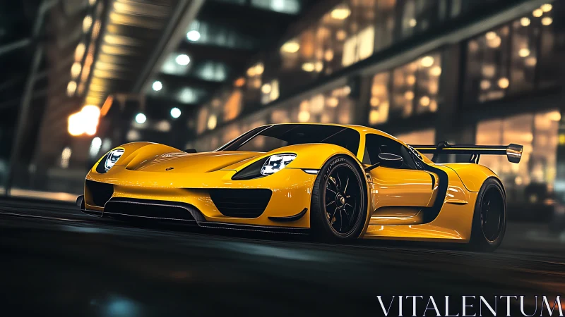 Yellow supercar slices through neon city night streets