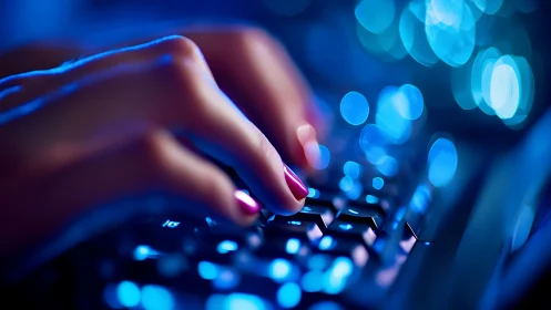 Low-light macro of hands typing on backlit mechanical keyboard