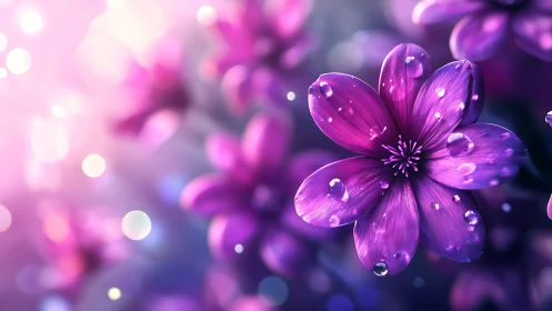 Purple Flower with Water Droplets and Bokeh Background.
