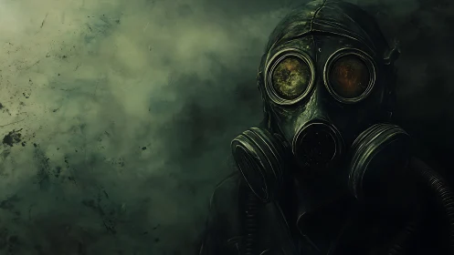 Gas-masked sentinel listens to the ruined sky breathe slowly