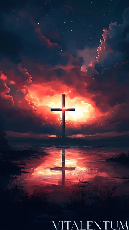 Radiant cross rises calmly against a glowing twilight sky