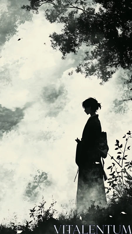 Quiet silhouette under drifting leaves and painted sky.