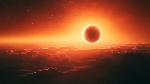 Fiery alien sun over clouds on distant red planet.