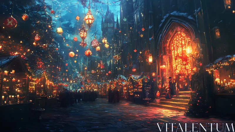 Midwinter lantern market glowing beneath a storybook sky.