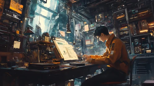 Cybernetic workspace illuminates lone coder in data-saturated lab