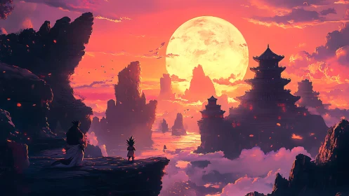 Two figures watch colossal moon over layered mountain temples