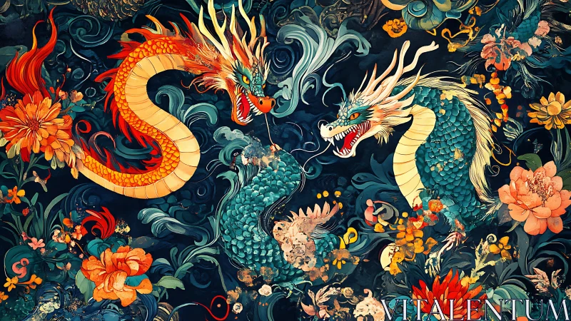 Dual oriental dragons amid baroque floral turbulence and waves